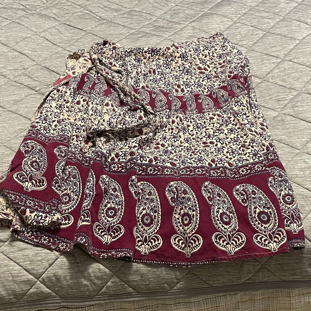 wrap-around medium length paisley skirt